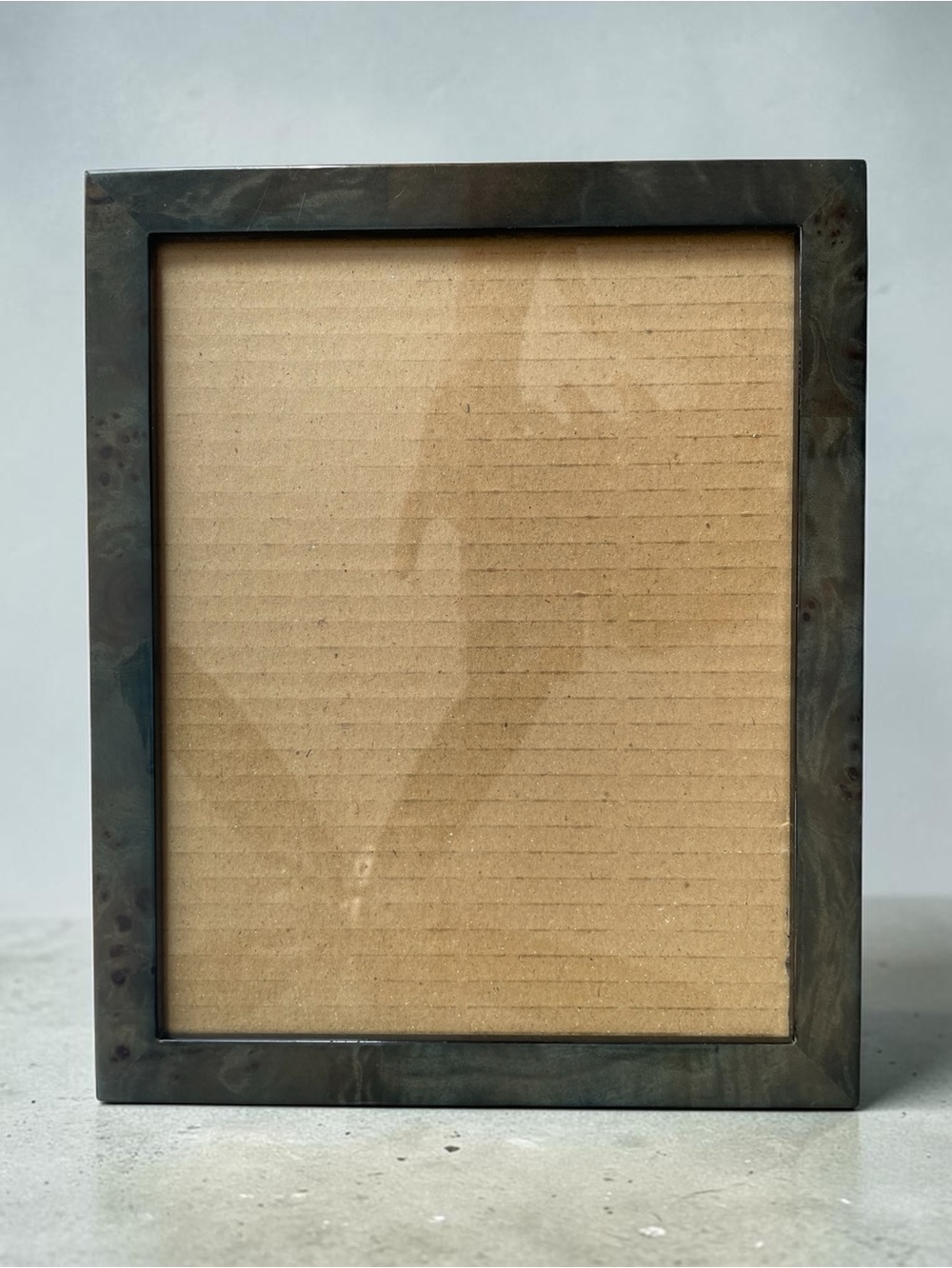 Siena burl-wood frame, SD12U80, handcrafted, lux brown suede, easel stand, 8x10”